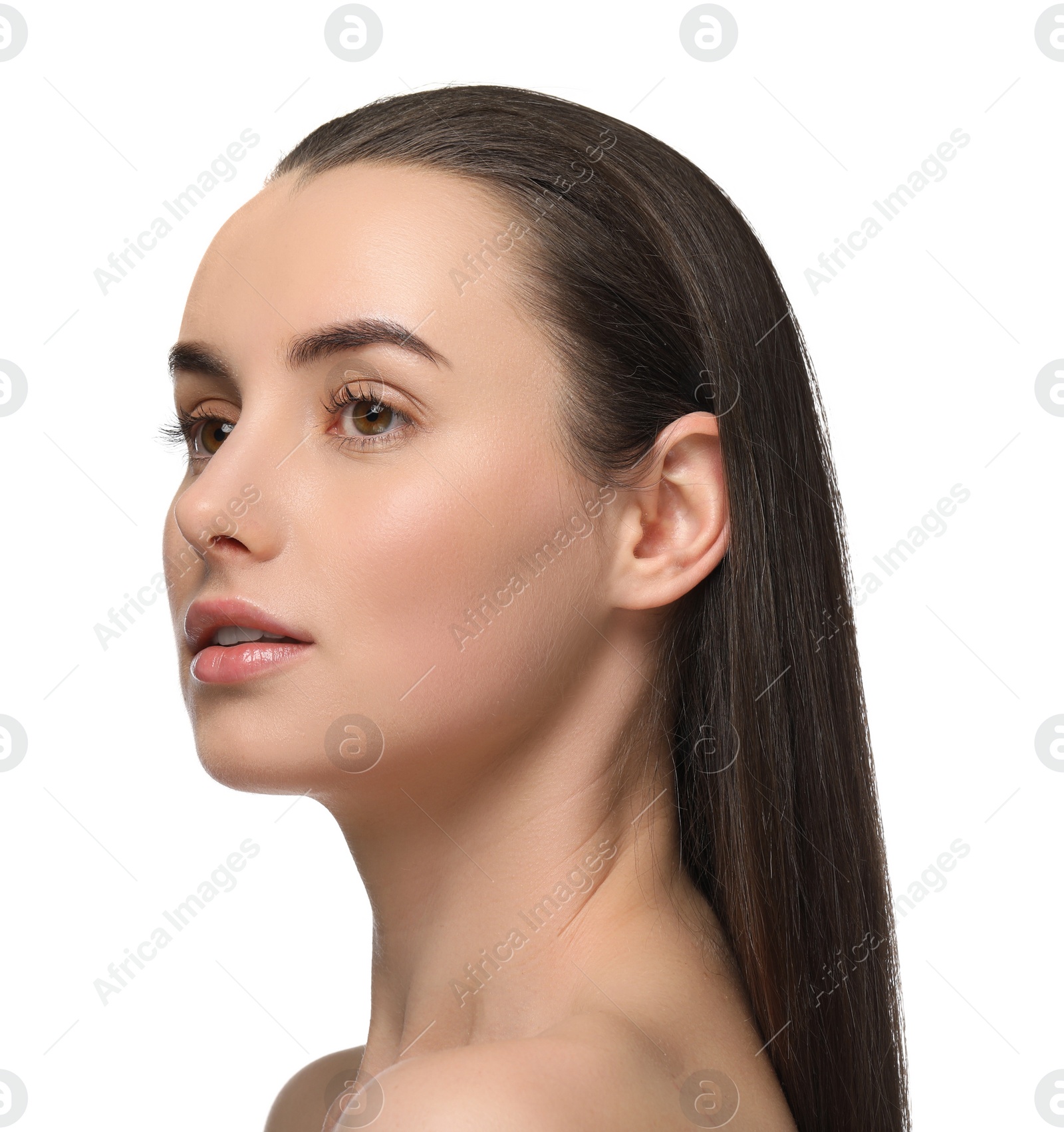 Photo of Portrait of beautiful young woman on white background