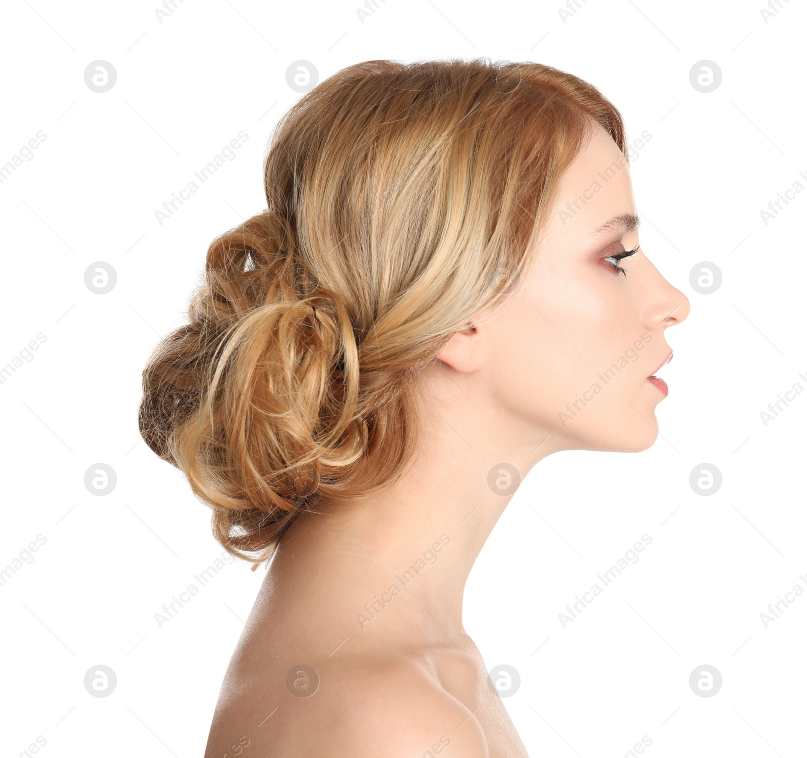 Photo of Portrait of beautiful woman with blonde hair on white background