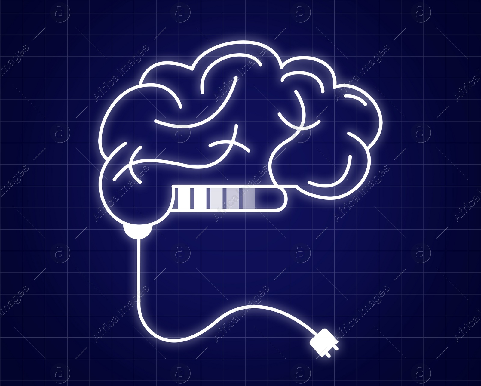 Illustration of  human brain with plug on blue background