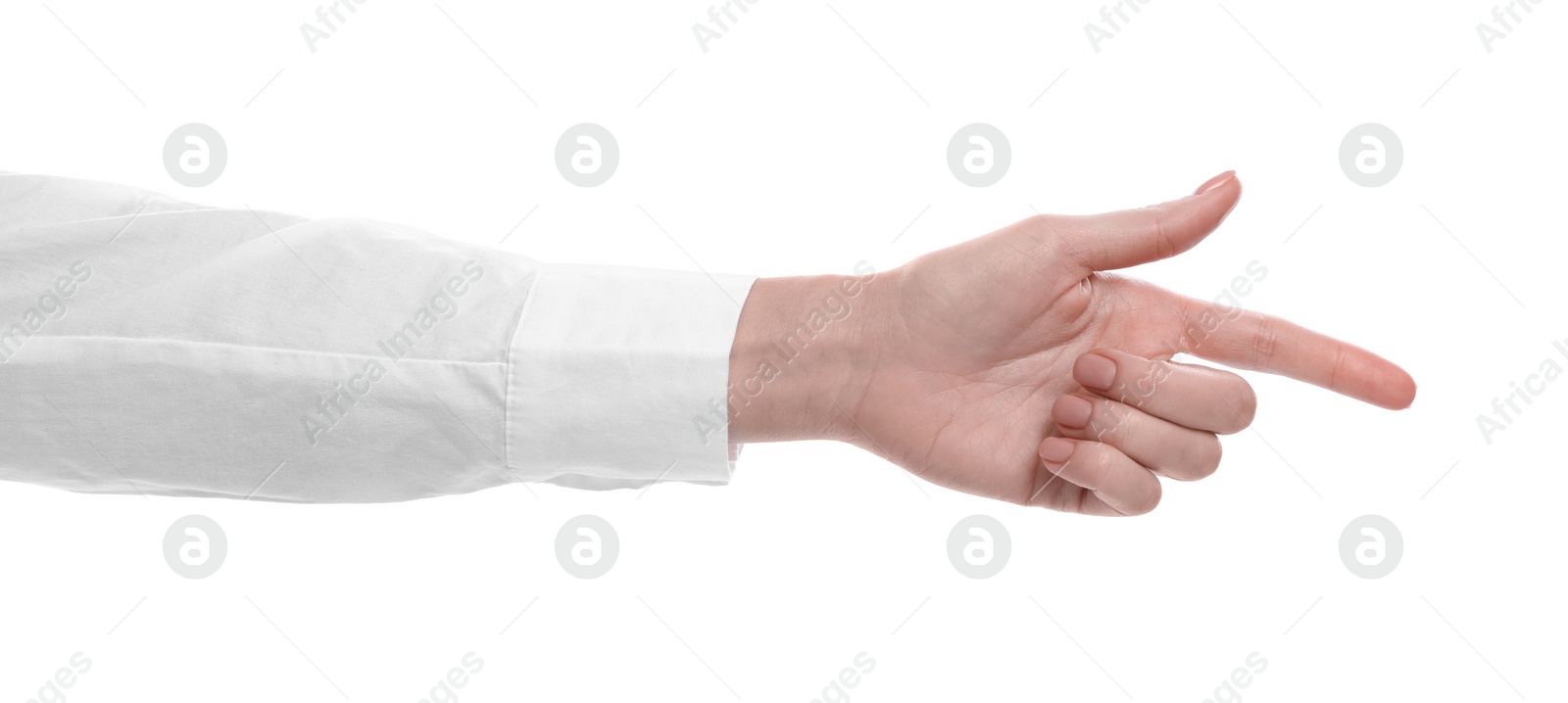 Photo of Woman pointing with index finger on white background, closeup