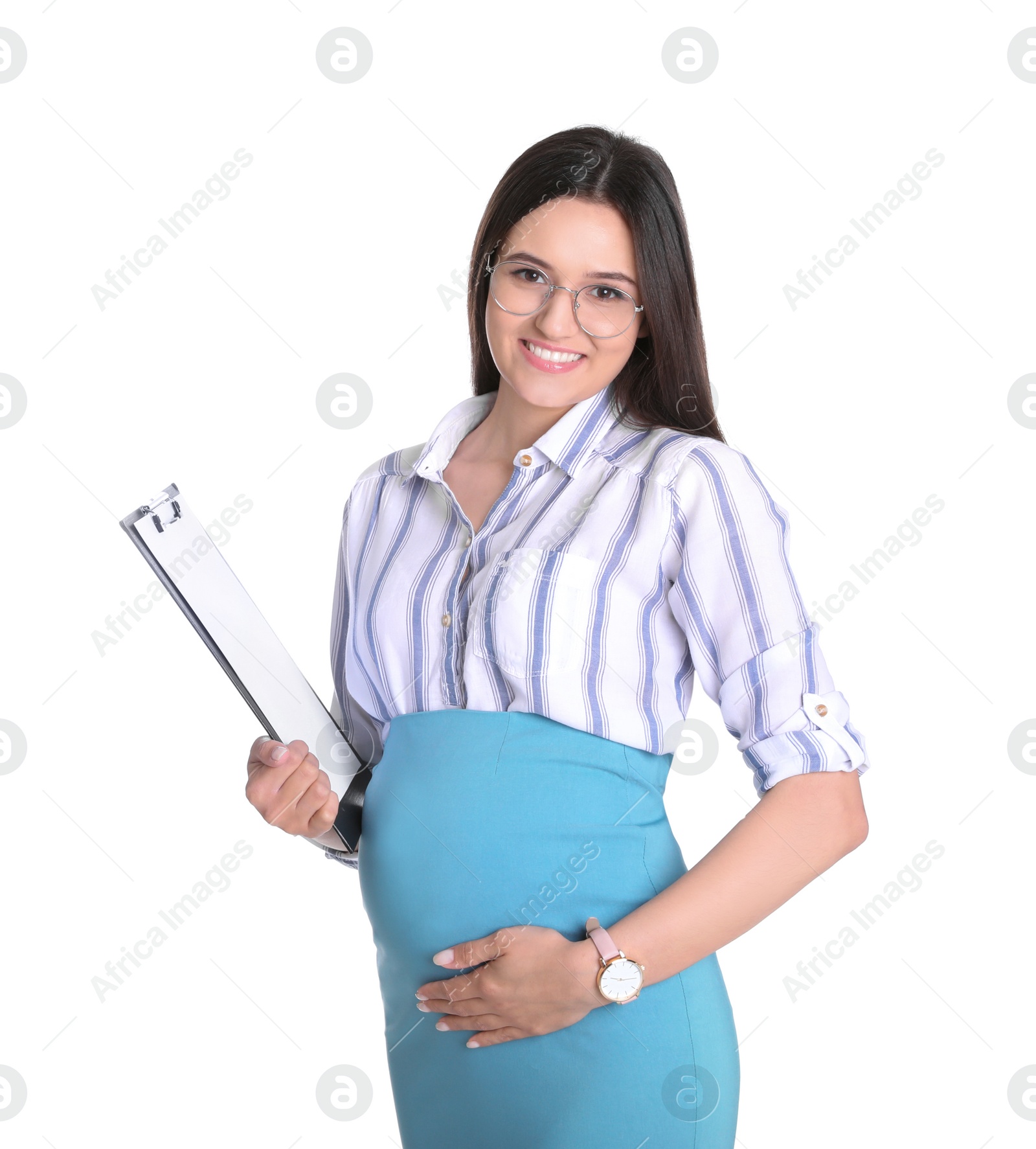 Photo of Young pregnant woman with clipboard on white background. Working while expecting baby