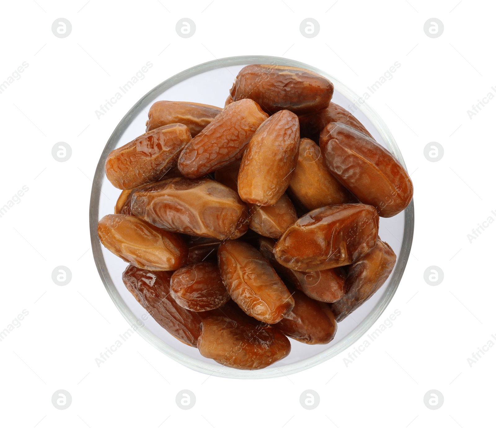 Photo of Bowl with sweet dates on white background, top view. Dried fruit as healthy snack