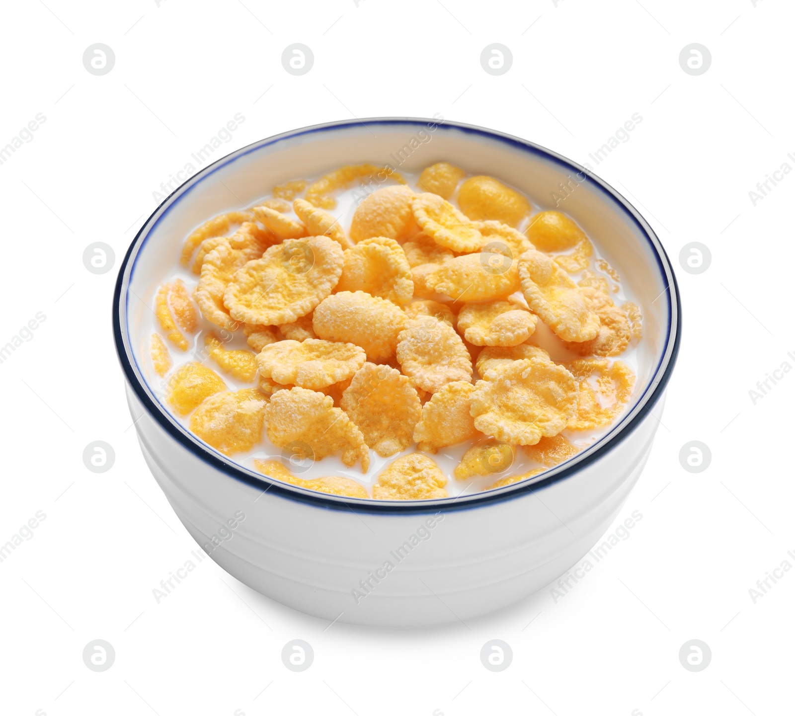 Photo of Tasty corn flakes with milk in bowl isolated on white