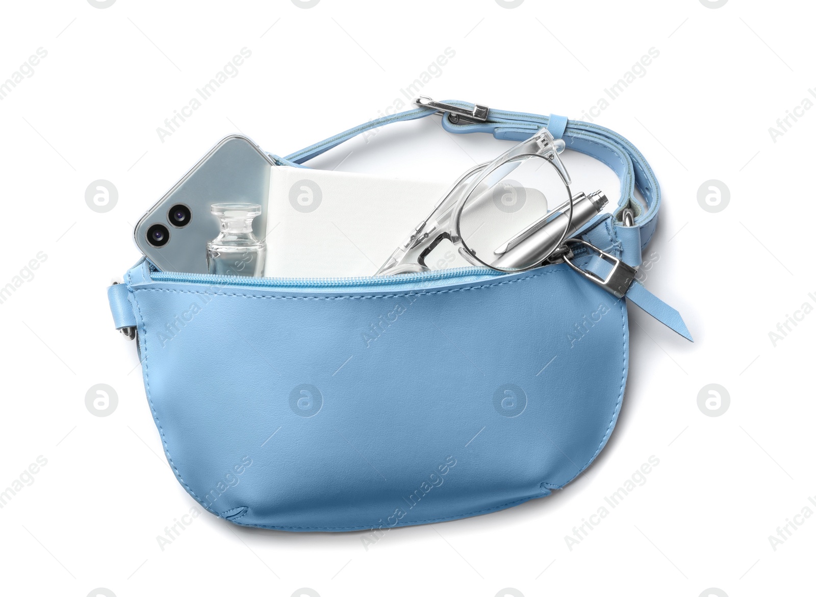 Photo of Stylish woman's bag with smartphone and accessories on white background, top view