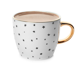 Photo of Delicious cocoa drink in cup on white background