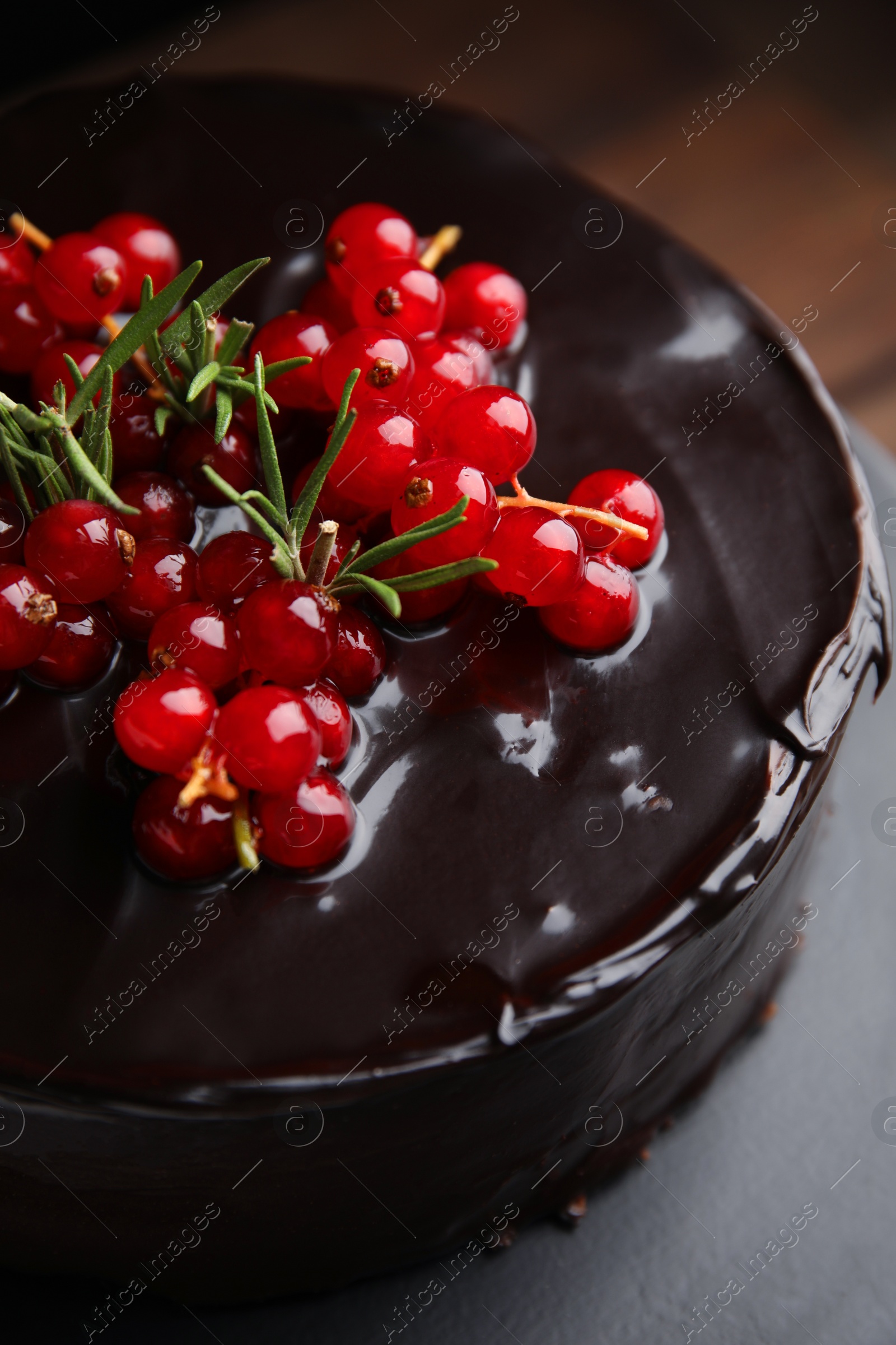 Photo of Tasty homemade chocolate cake with berries and rosemary on table, closeup