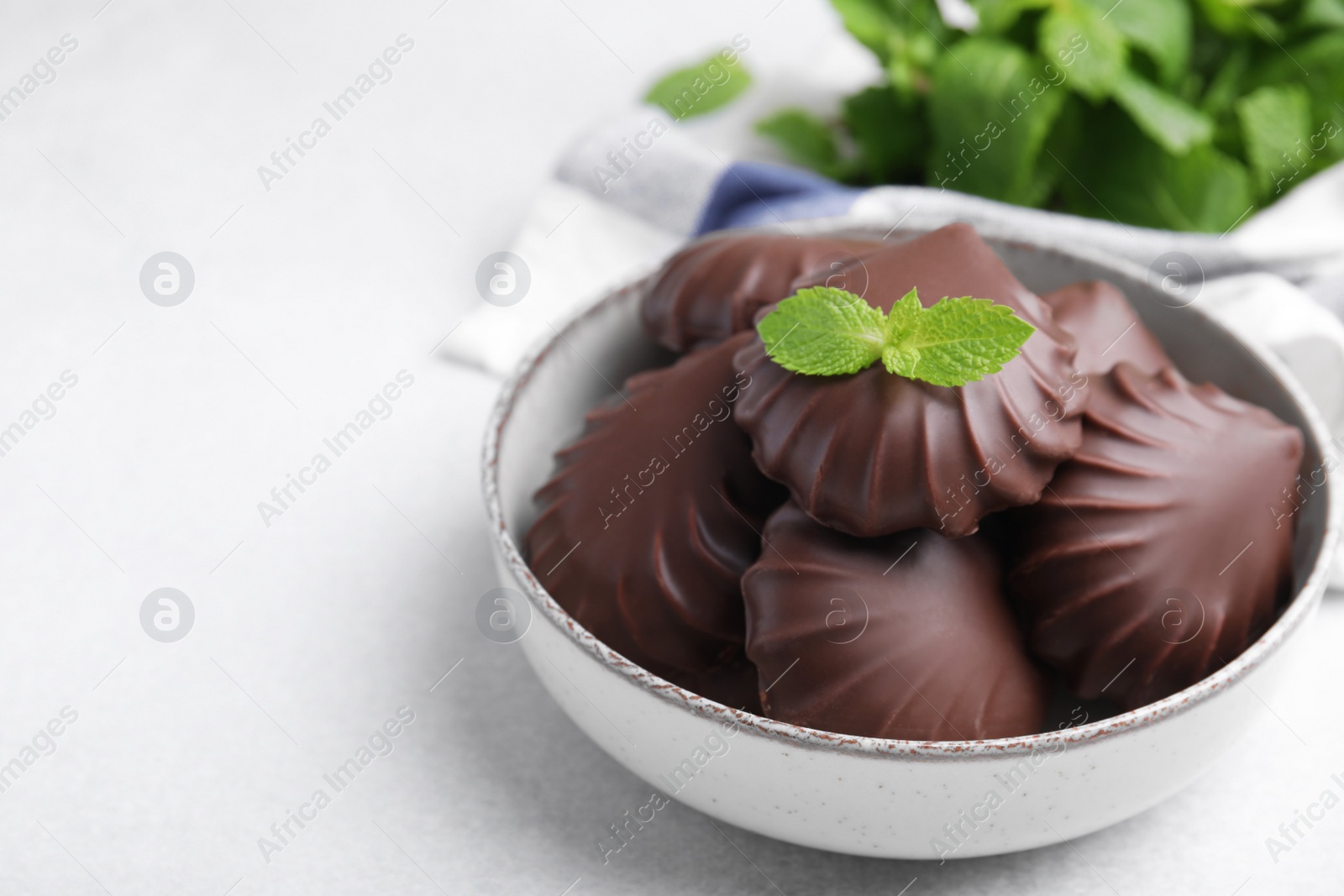 Photo of Delicious chocolate covered zephyrs with mint in bowl on white table, space for text