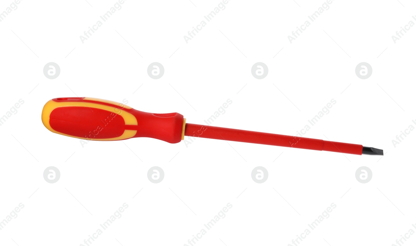 Photo of New screwdriver on white background. Professional construction tool