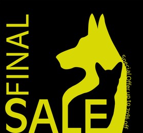 Advertising poster Pet Shop SALE. Silhouettes of dog and cat on black background