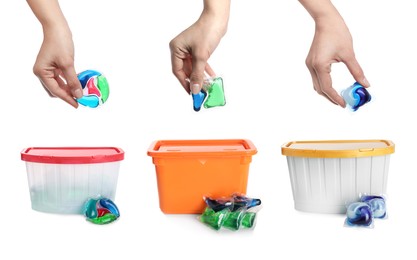 Image of Women with laundry capsules on white background, closeup. Detergent pods