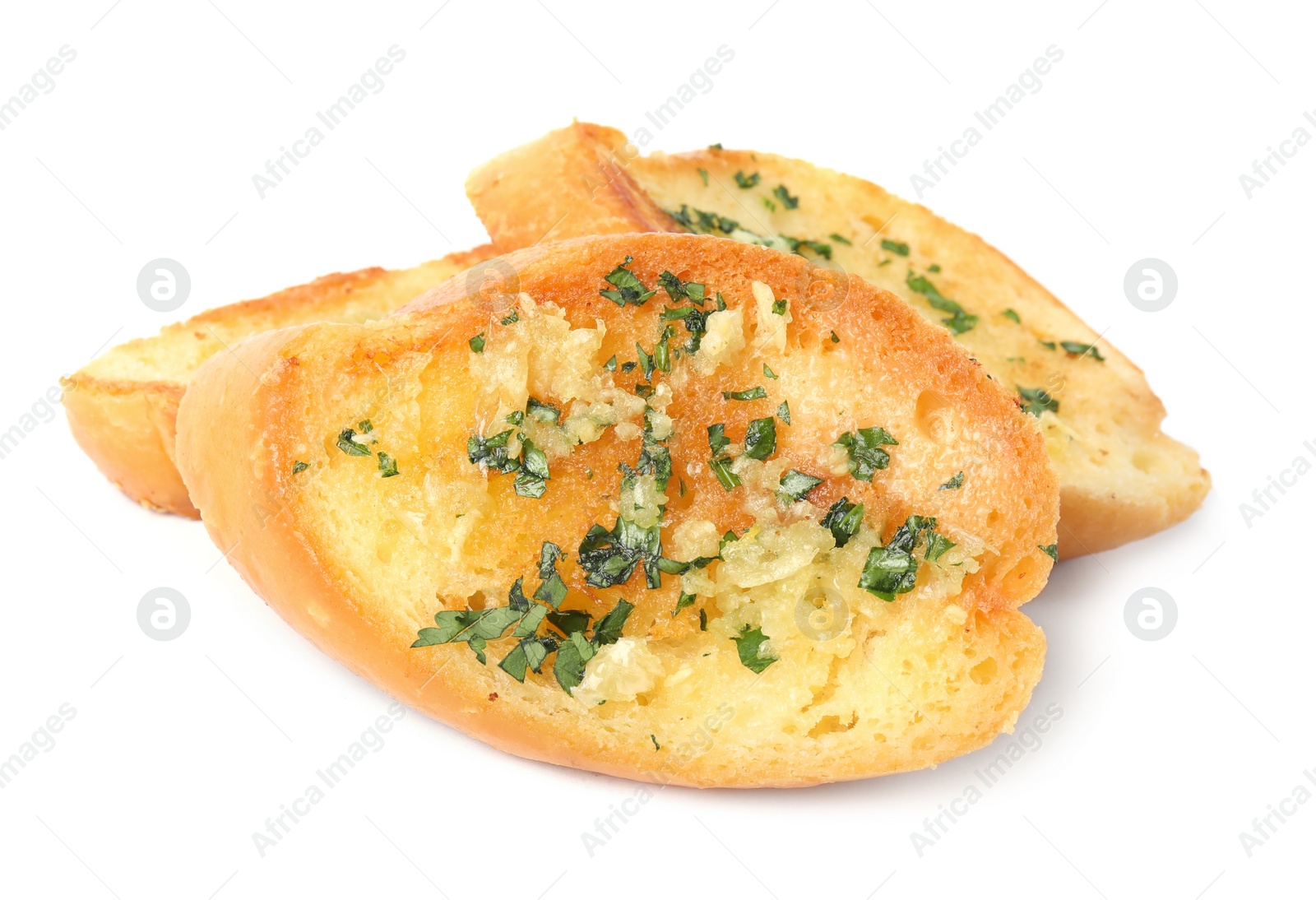 Photo of Slices of tasty garlic bread with herbs isolated on white