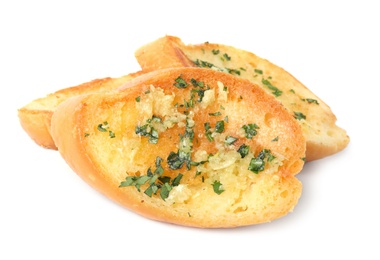 Photo of Slices of tasty garlic bread with herbs isolated on white