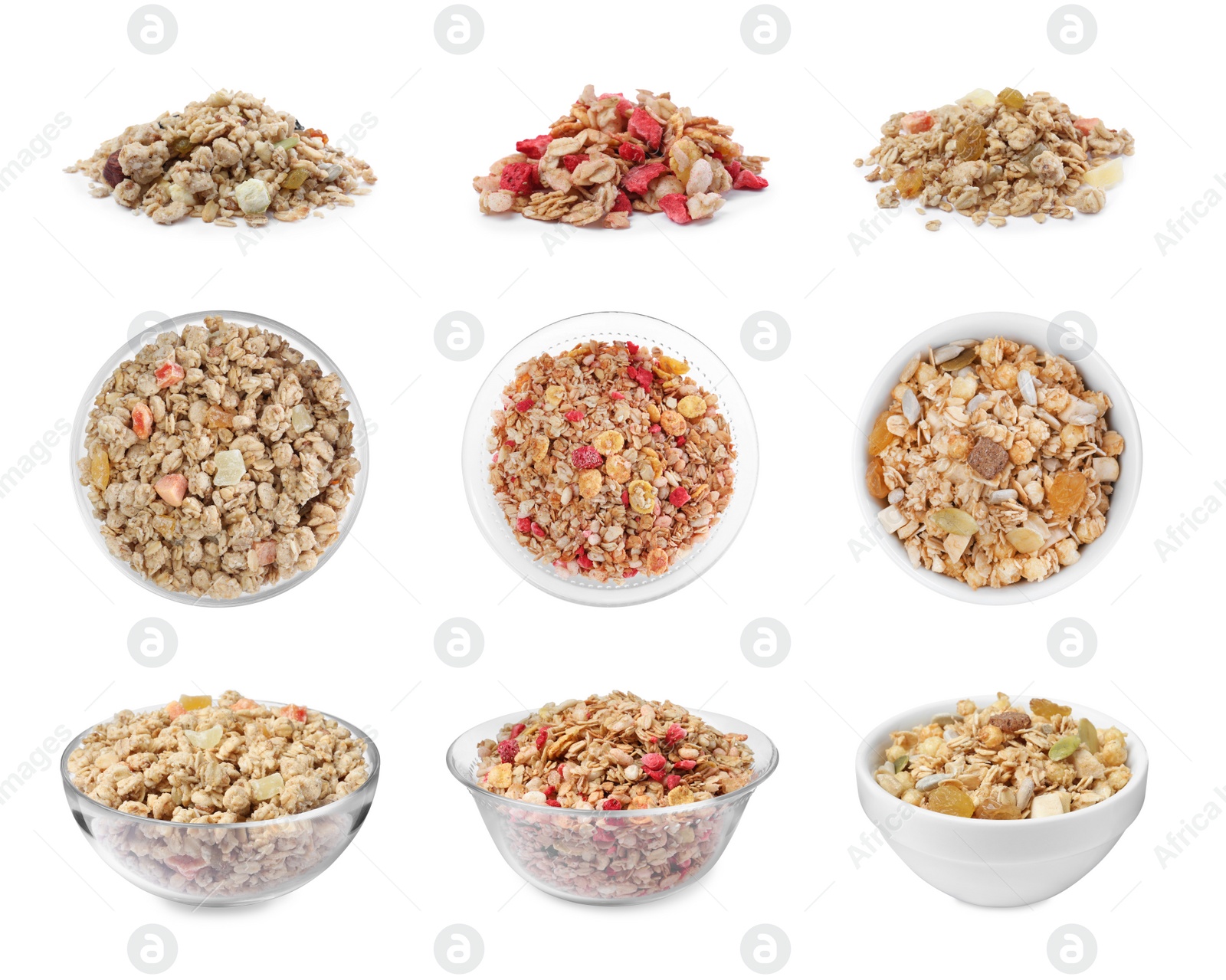 Image of Set with different delicious granola on white background