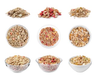 Set with different delicious granola on white background