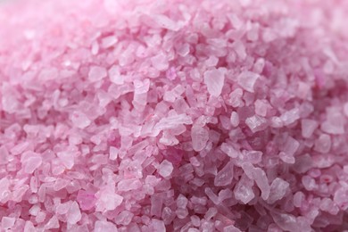 Photo of Beautiful pink sea salt as background, closeup