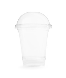 Photo of Empty transparent plastic cup with straw isolated on white