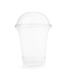 Empty transparent plastic cup with straw isolated on white