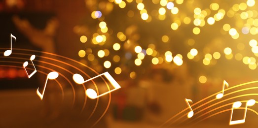 Image of Music notes and blurred view of room decorated for Christmas and New Year celebration, bokeh effect. Banner design