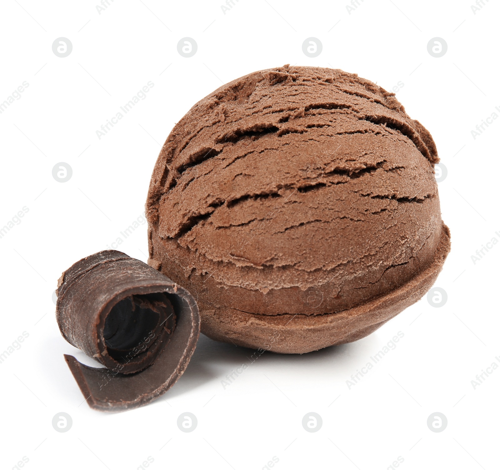 Photo of Scoop of ice cream and chocolate curl isolated on white