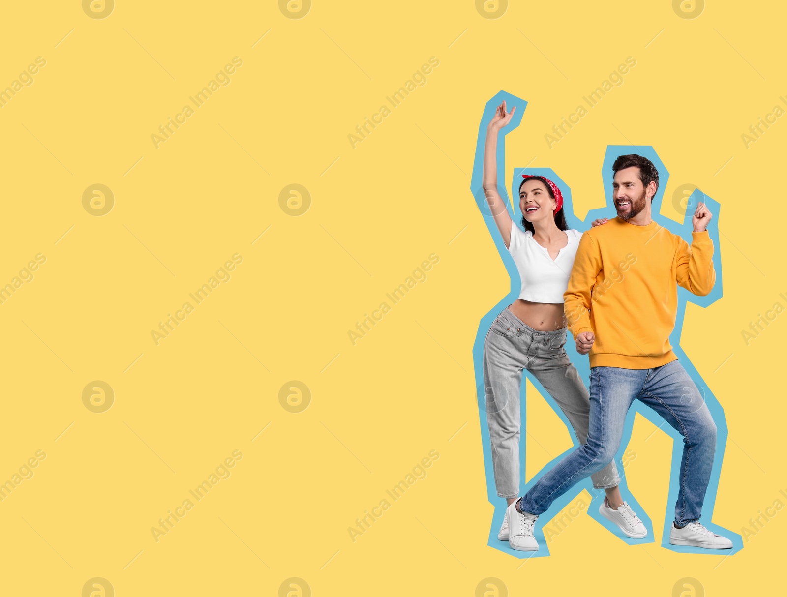 Image of Pop art poster. Happy couple dancing together on yellow background. Space for text