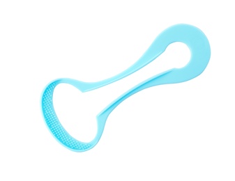 Photo of New tongue cleaner for oral care on white background