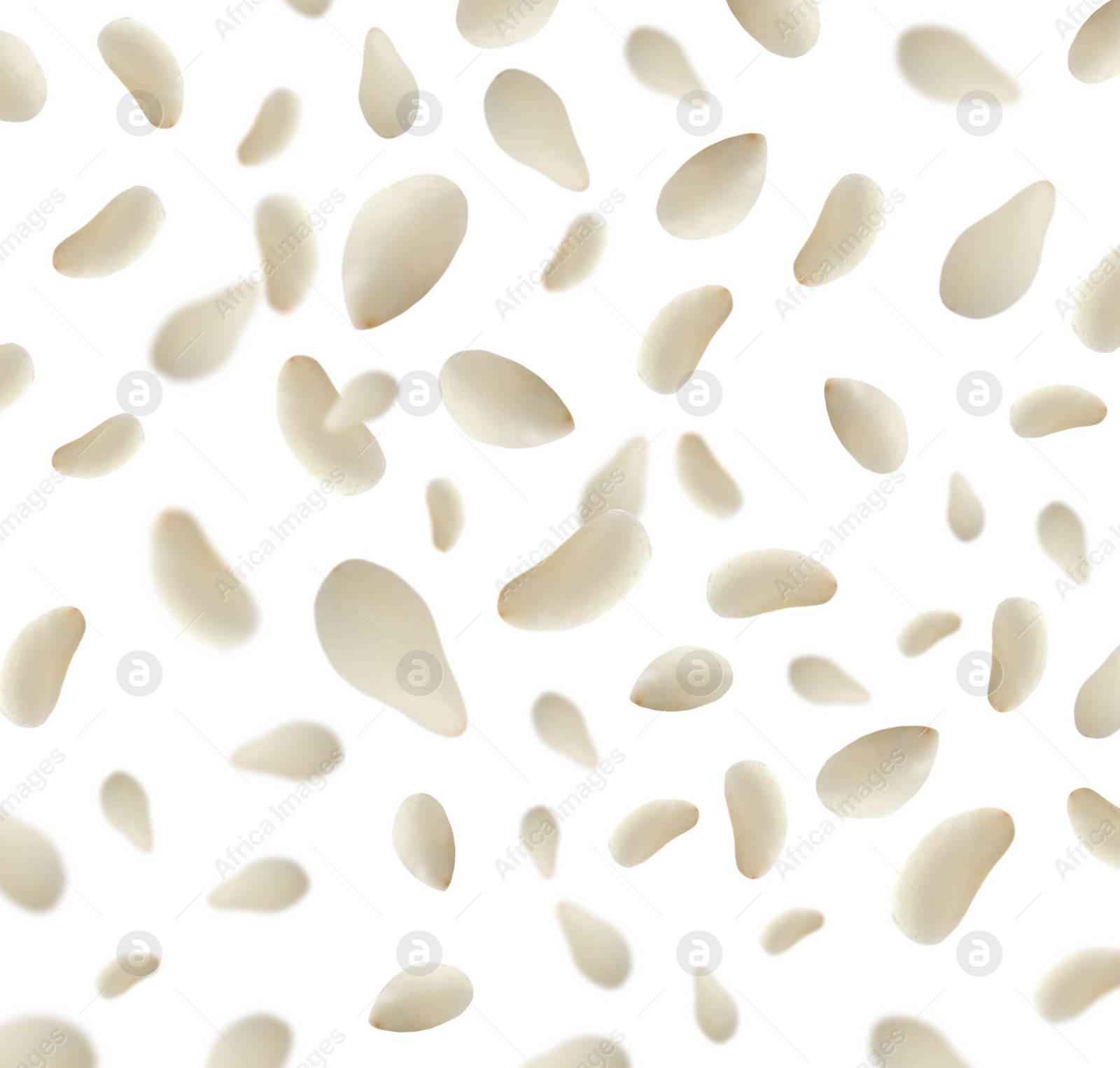 Image of Sesame seeds falling on white background, collage