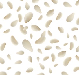 Image of Sesame seeds falling on white background, collage