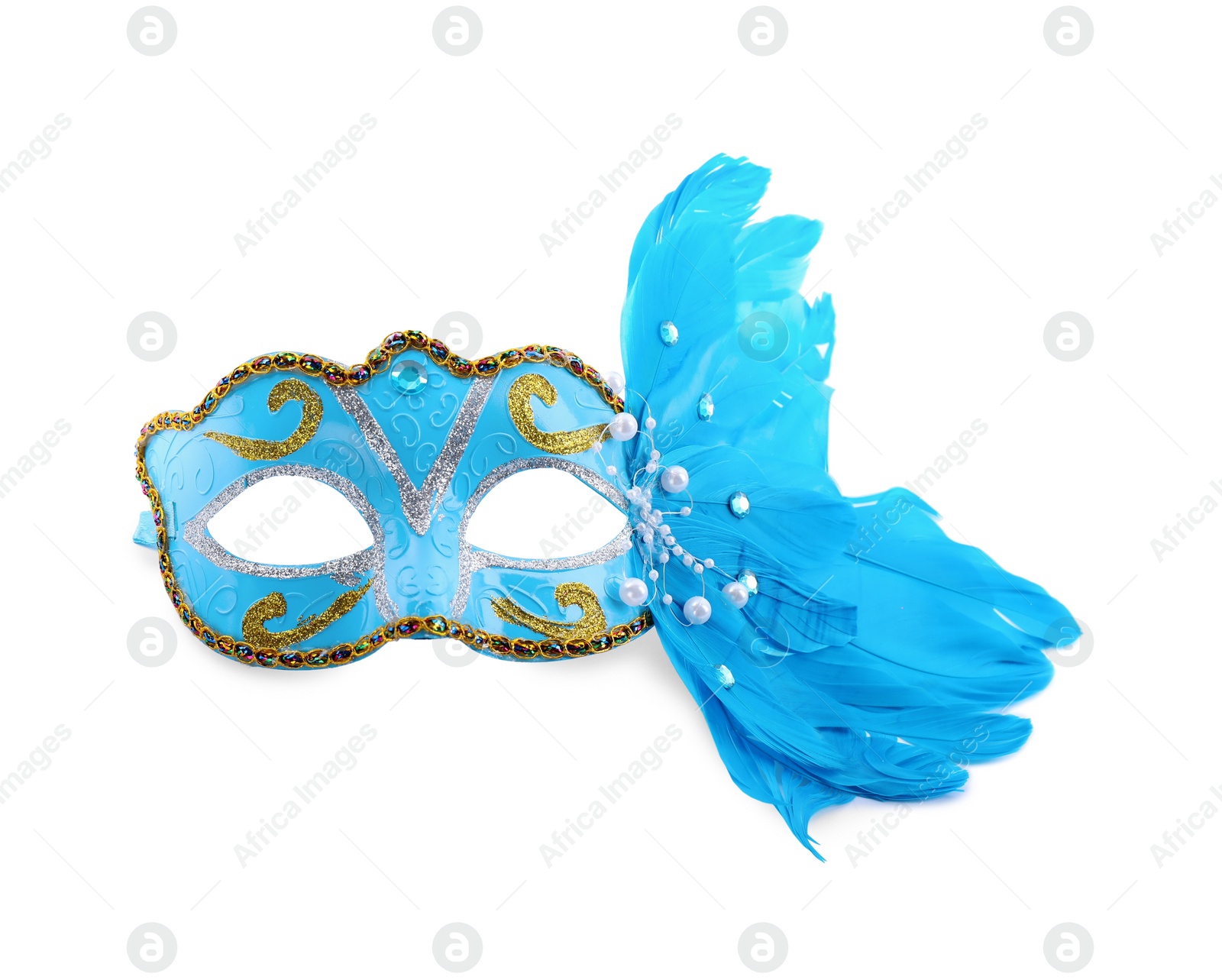 Photo of Beautiful light blue carnival mask with feathers isolated on white