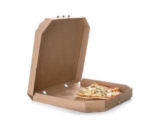 Photo of Cardboard box with pizza pieces on white background