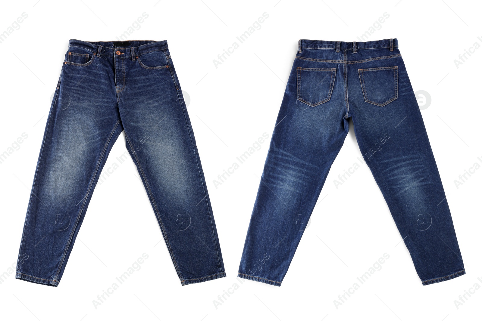 Image of Collage with jeans isolated on white, back and front views