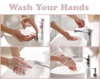 Image of Steps of washing hands effectively. Collage with person over sink in bathroom, closeup