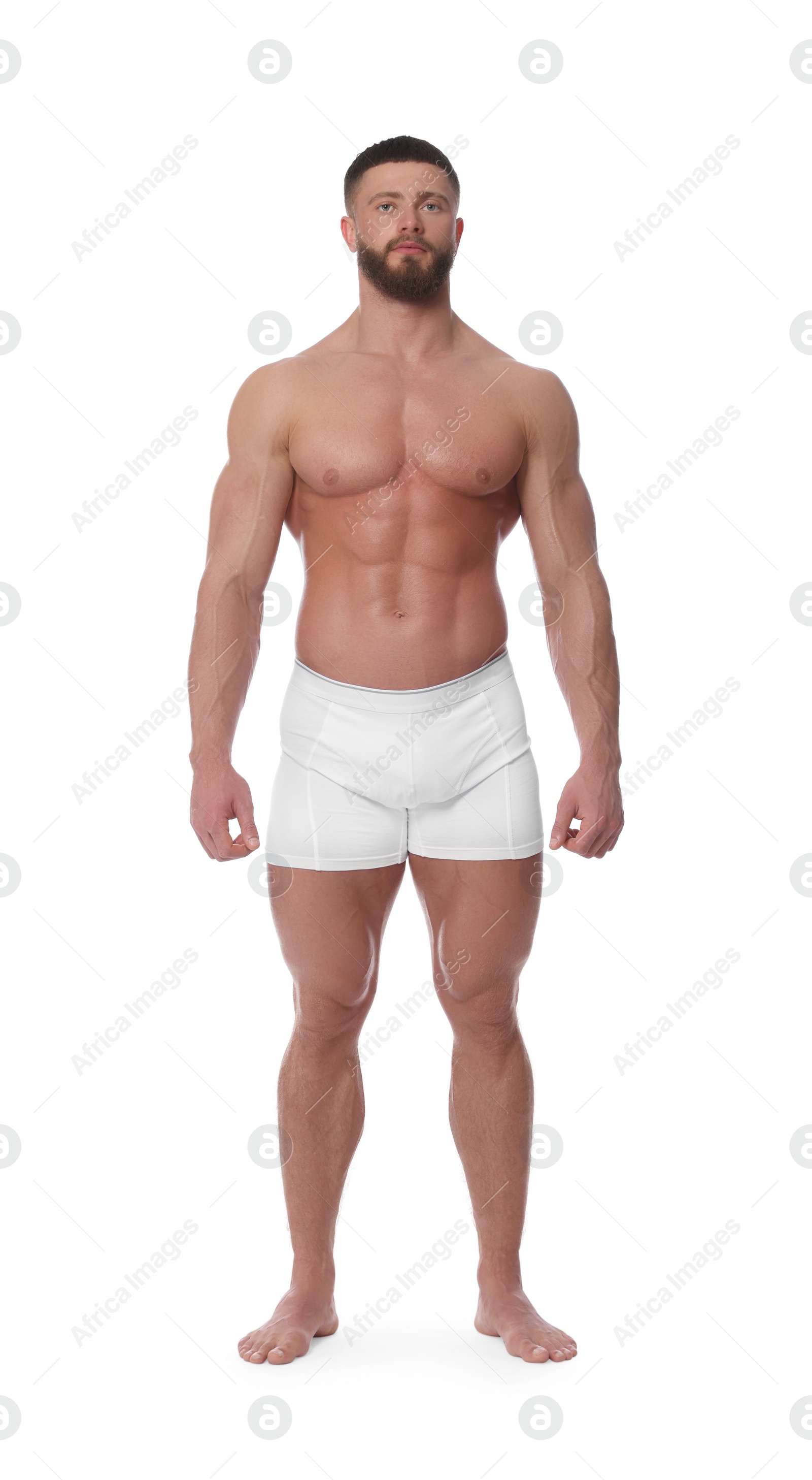 Photo of Young man is stylish underwear on white background