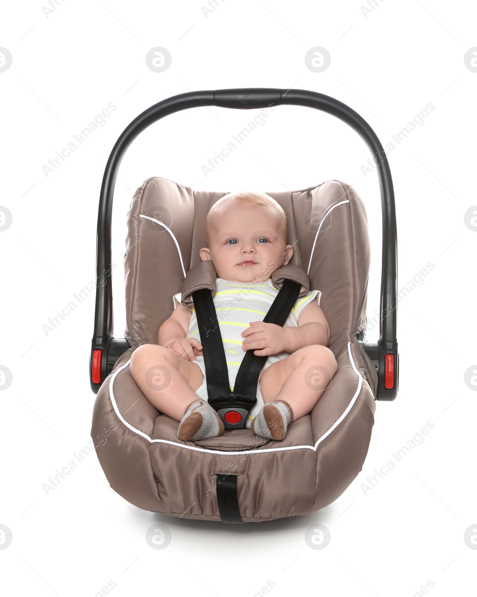 Photo of Adorable baby in child safety seat on white background