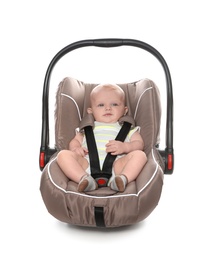 Adorable baby in child safety seat on white background