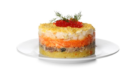 Traditional russian salad Mimosa on white background