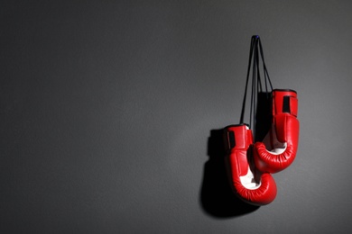Photo of Pair of boxing gloves on grey background, space for text