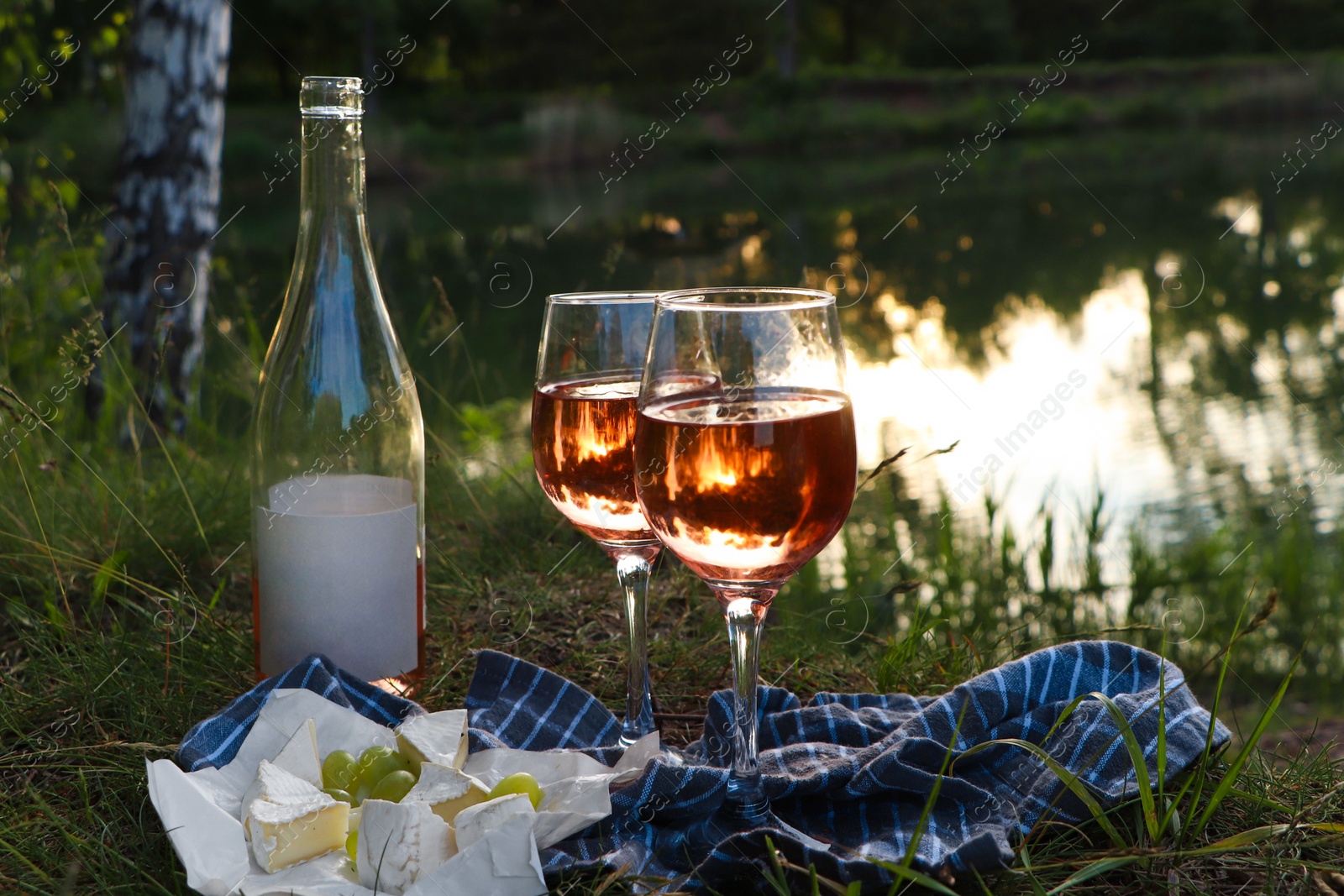 Photo of Delicious rose wine, cheese and grapes on picnic blanket near lake