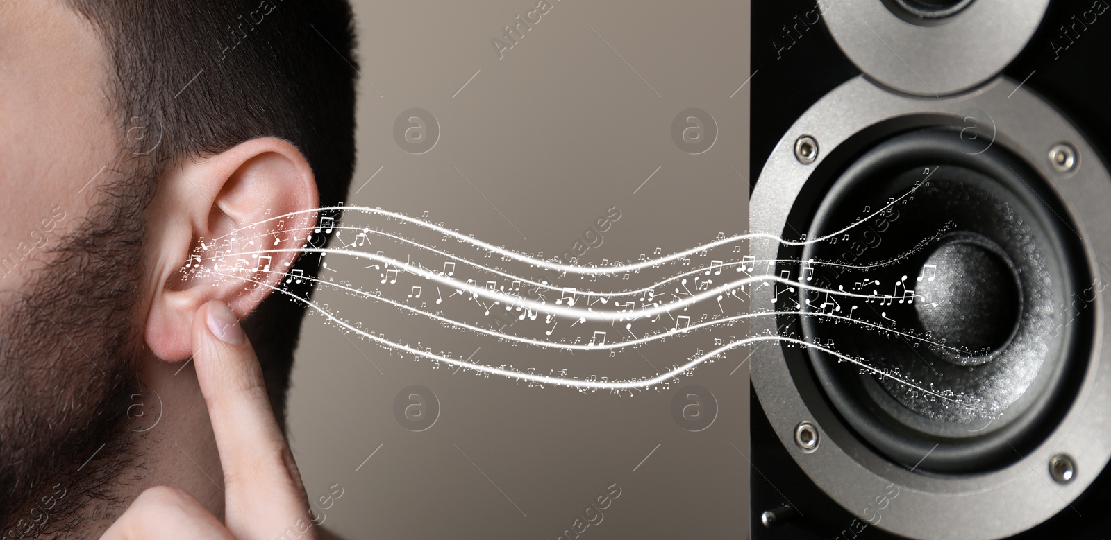 Image of Modern audio speaker and man listening to music on light grey background, closeup view of ear. Banner design