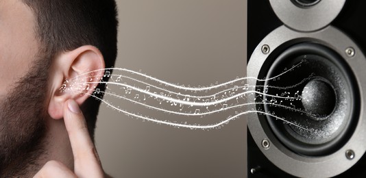 Image of Modern audio speaker and man listening to music on light grey background, closeup view of ear. Banner design