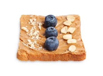 Toast with tasty nut butter, blueberries and nuts isolated on white