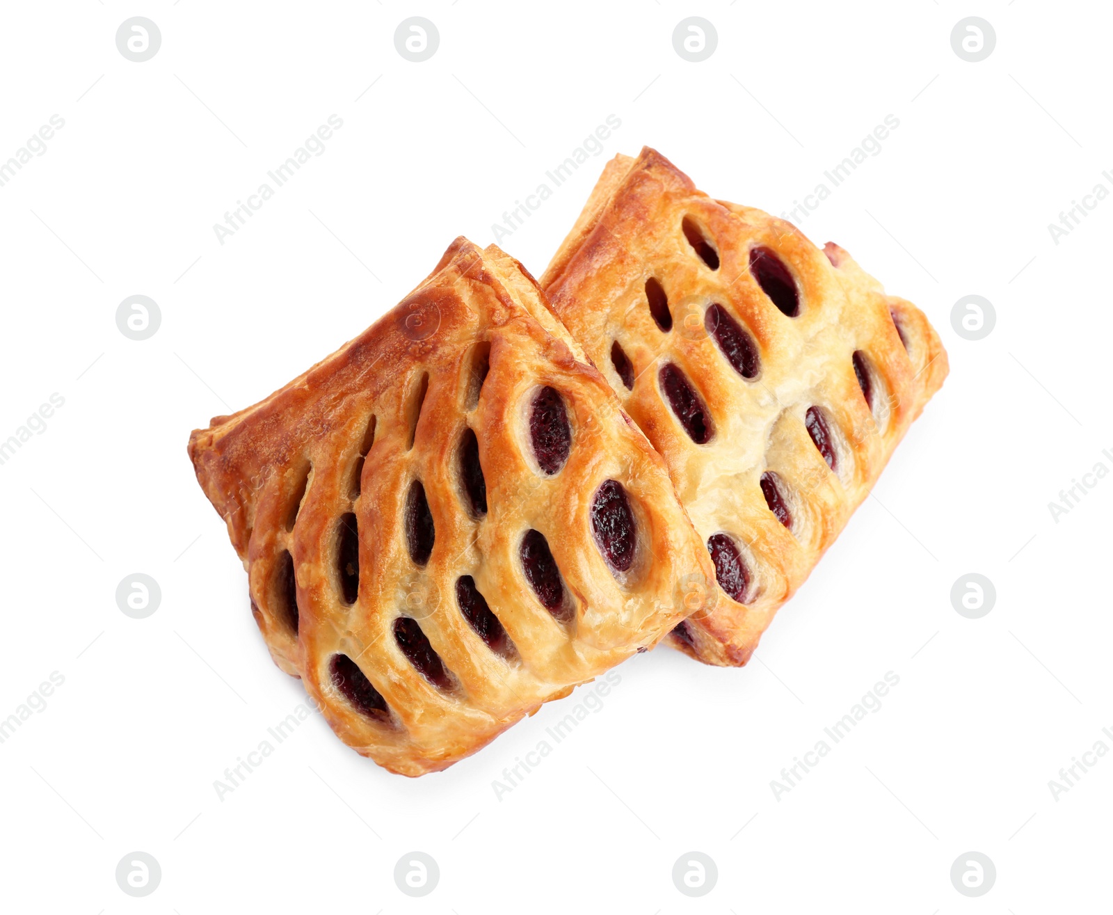 Photo of Fresh tasty puff pastry on white background, top view