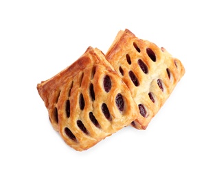 Fresh tasty puff pastry on white background, top view