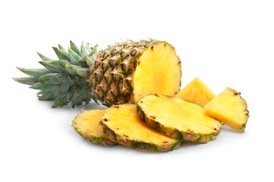 Tasty raw pineapple with slices on white background