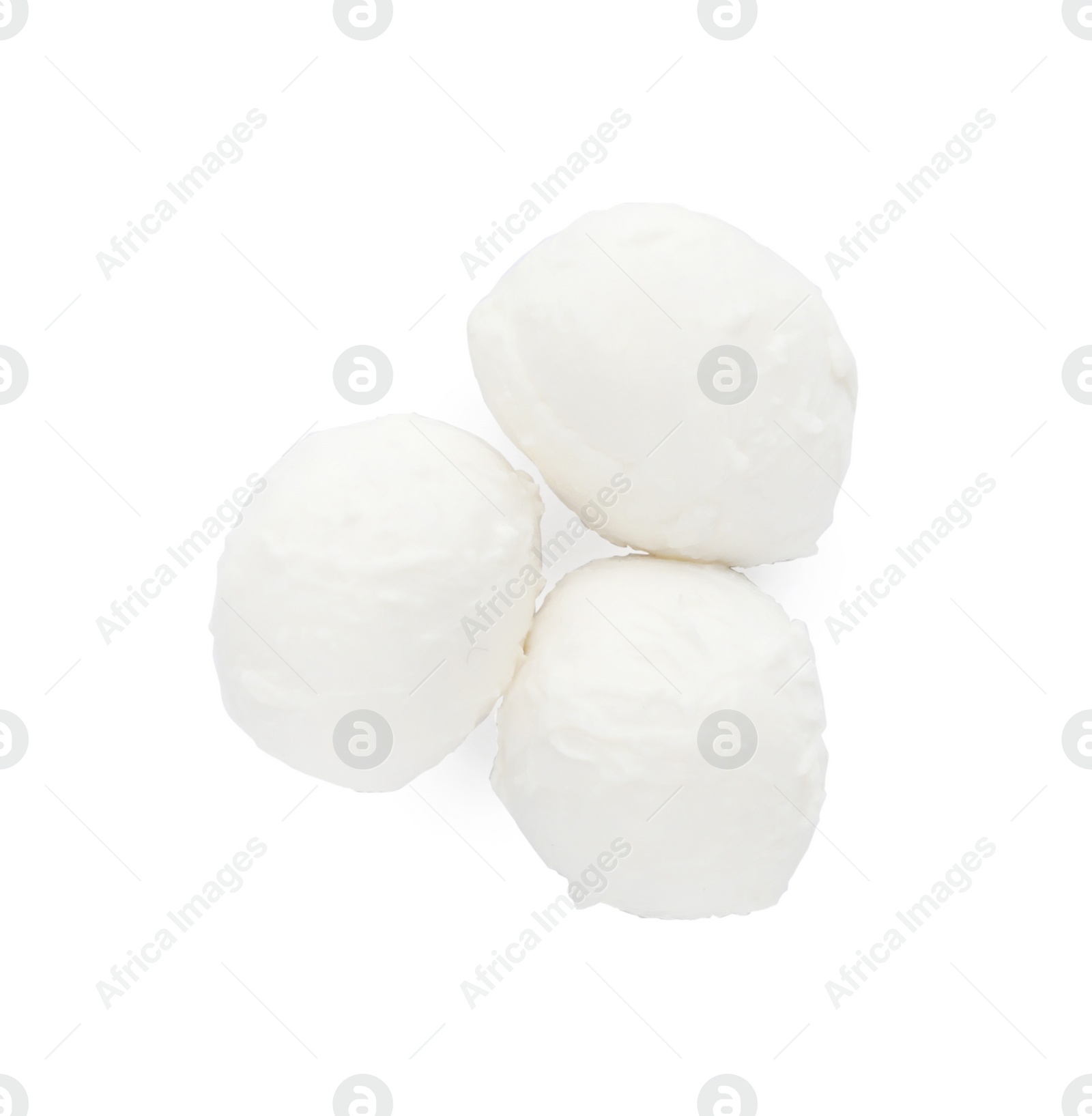 Photo of Delicious mozzarella cheese balls on white background, top view
