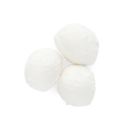 Photo of Delicious mozzarella cheese balls on white background, top view