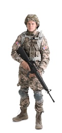 Photo of Male soldier with machine gun on white background. Military service