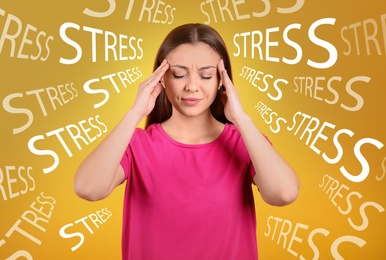 Image of Stressed young woman and text on yellow background