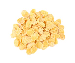 Photo of Pile of tasty cornflakes on white background, top view. Healthy breakfast cereal