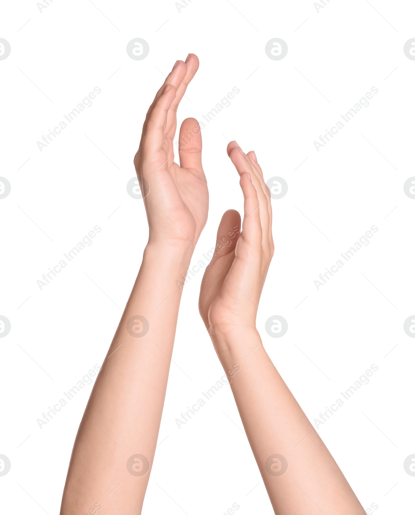 Photo of Woman against white background, closeup on hands