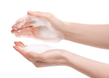 Woman with bath foam on white background, closeup